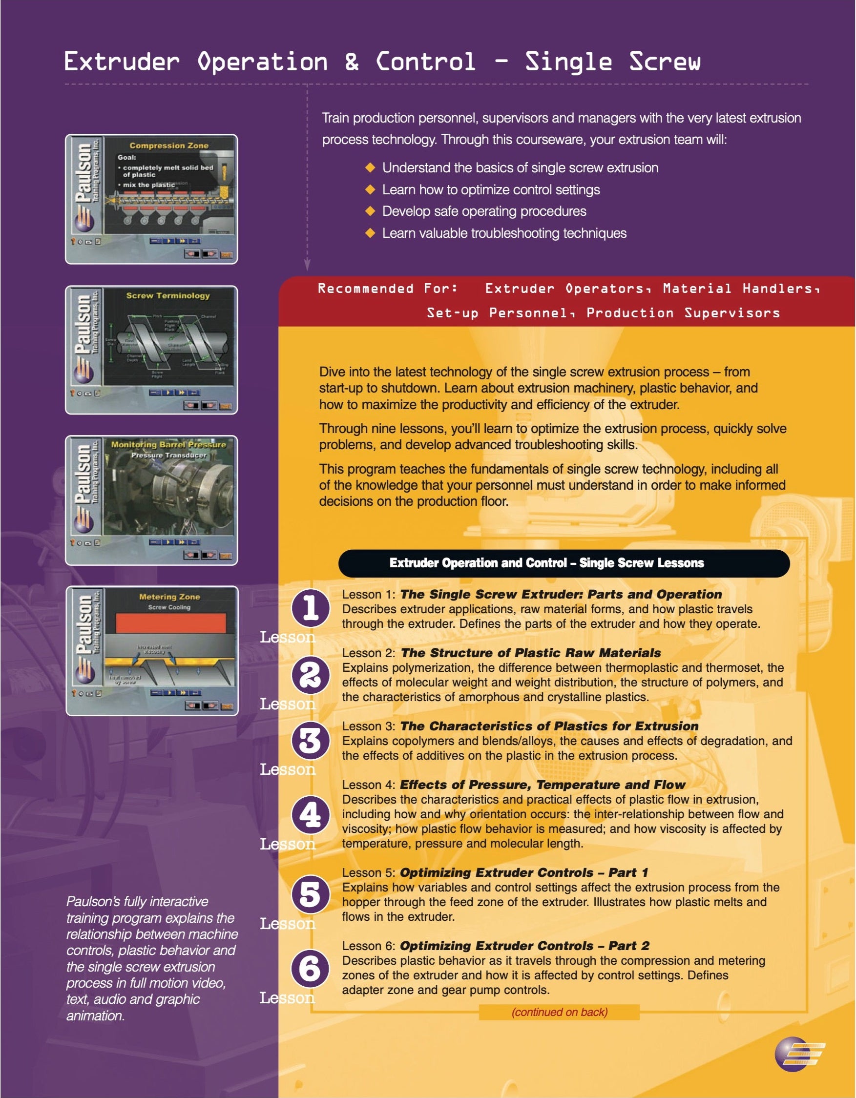 Extruder Controls Extruder Operation and Control – Single Screw – Plastics Training Online
